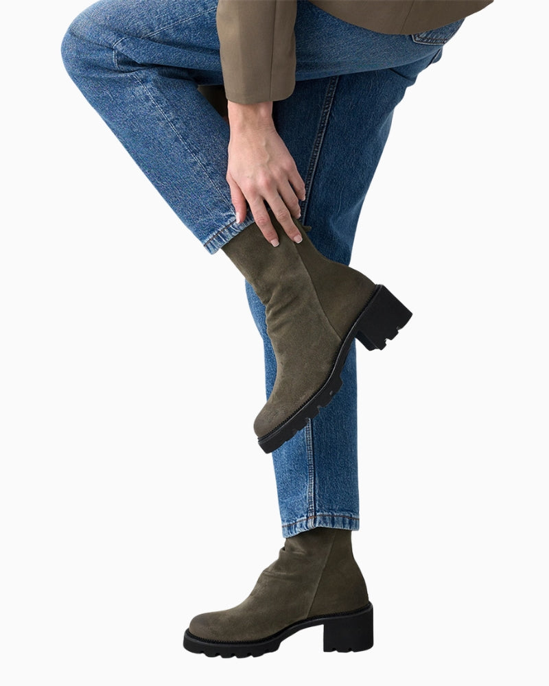 Paul Green Ankle Boot in Olive pleated shaft detail