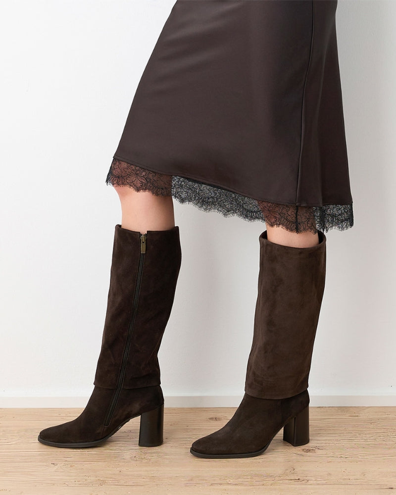Paul Green Knee High Boot in brown suede side zip detail
