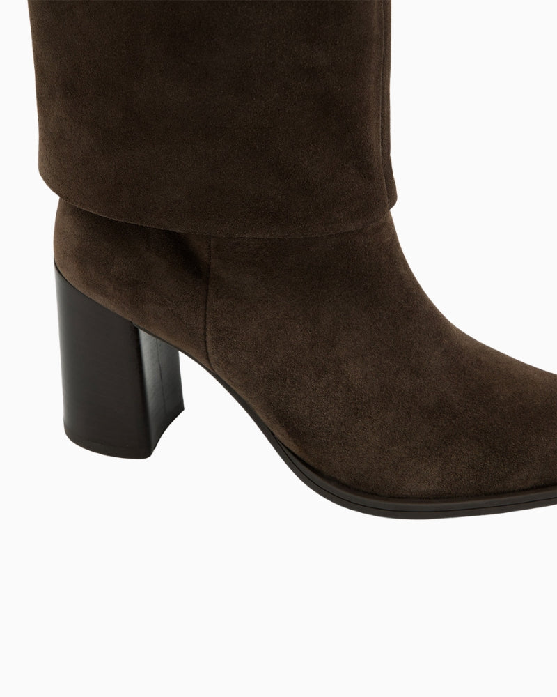 Paul Green Knee High Boot in brown suede turned-down shaft detail