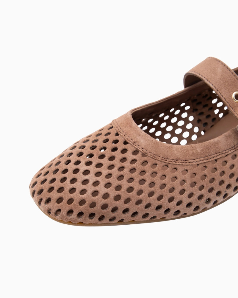 Paul Green Maryjane Ballet Flat brown perforated suede front view