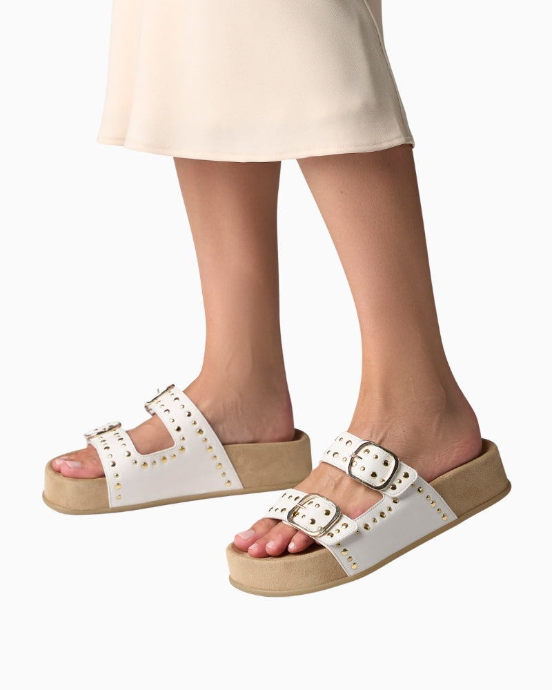 Paul Green Studded Mules in White worn with dress