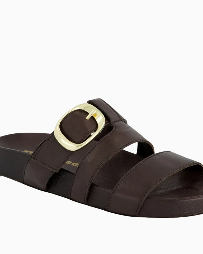 Paul Green brown leather mule sandals buckle and logo detail