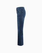 Side view showing flared leg and raw fringed hem on Vic jeans