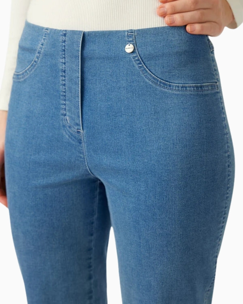 Close-up of Robell Bella 05 sea blue denim fabric and elastic waistband detail – Áines Boutique