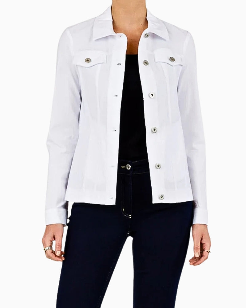Front view of Robell Happy Jacket in crisp white denim
