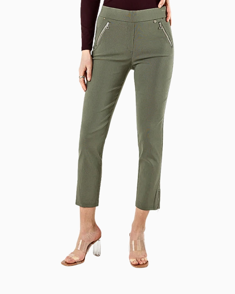Front view of Robell Nena 09 trousers in khaki green with slim cropped fit