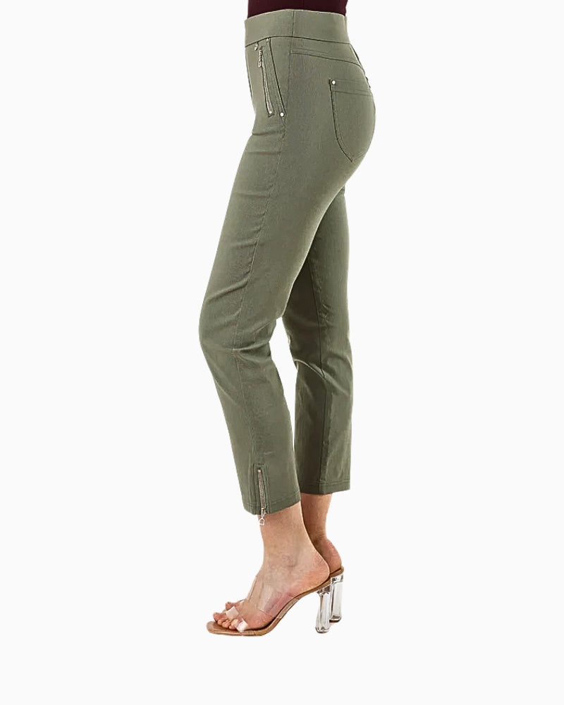 Side view of khaki Robell Nena 09 trousers styled with heels