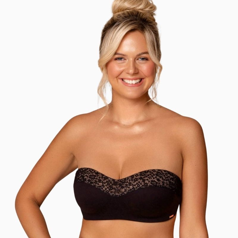 Black strapless bra by Royal Lounge with lace detail and seamless cups