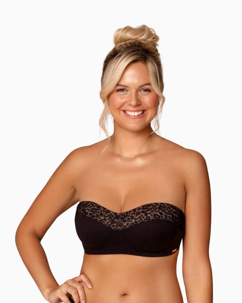 Black strapless bra by Royal Lounge with lace detail and seamless cups