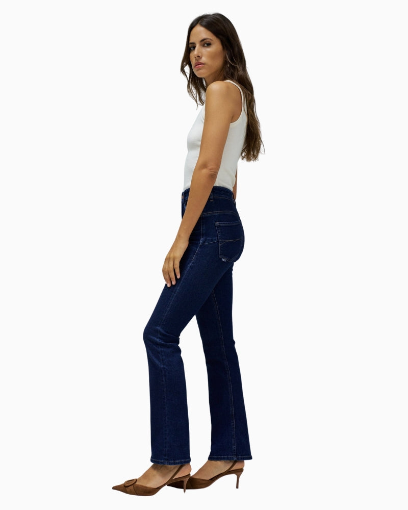 Side view of Dark blue bootcut jeans by Salsa with high waist and supportive inner panel