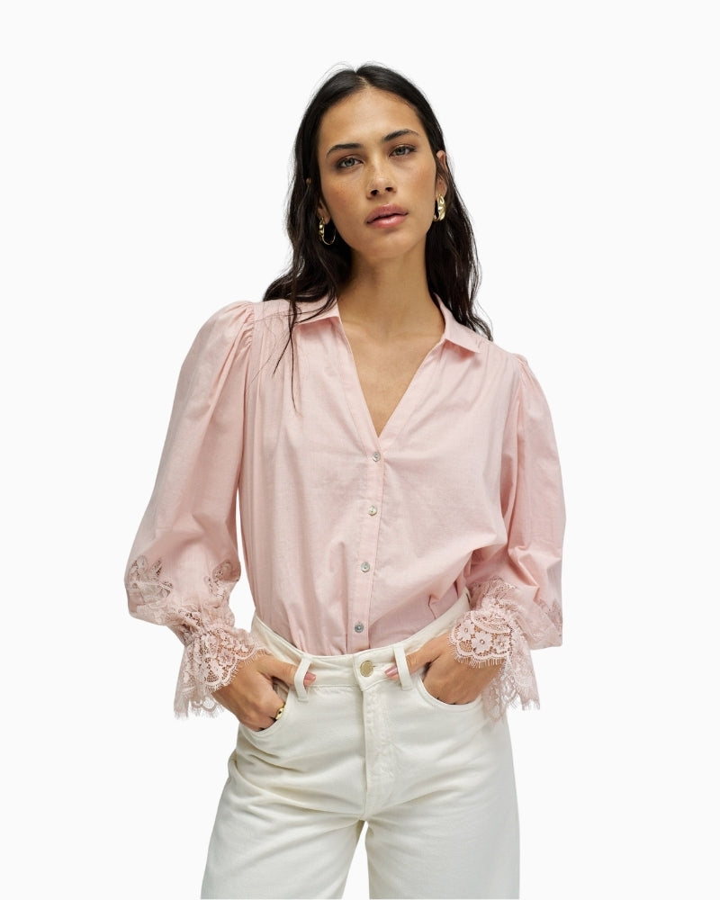 Salsa lace detail shirt light pink front view – Áines Boutique
