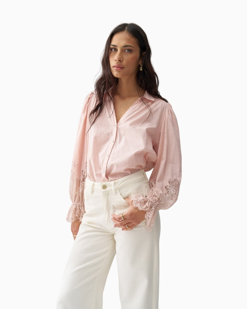 Salsa lace detail shirt light pink front view – Áines Boutique