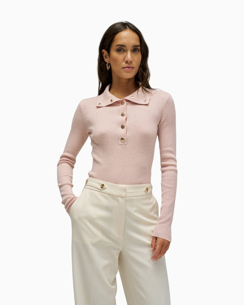 Salsa pink polo knit with gold buttons front view – Áines Boutique