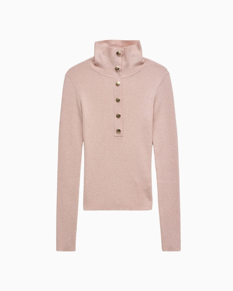 Salsa pink polo knit with gold buttons front on white background – Áines Boutique