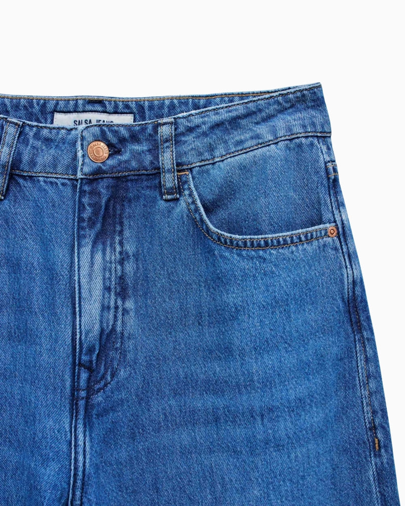 Close up of High-waisted wide-leg jeans by Salsa in blue denim with soft cotton lyocell blend