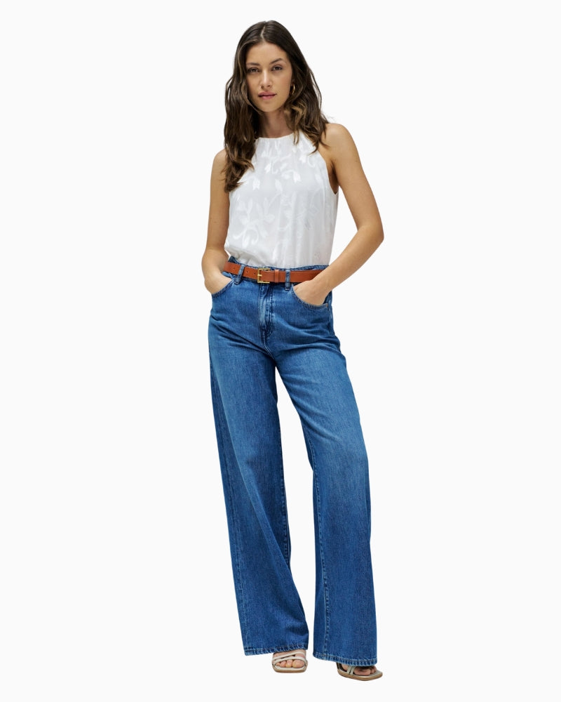 Model view High-waisted wide-leg jeans by Salsa in blue denim with soft cotton lyocell blend