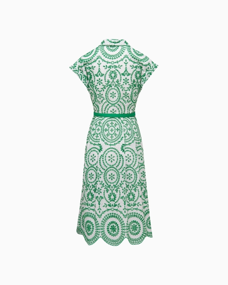 Salsa Jeans Broderie Anglaise Shirt Dress in green back view with matching belt
