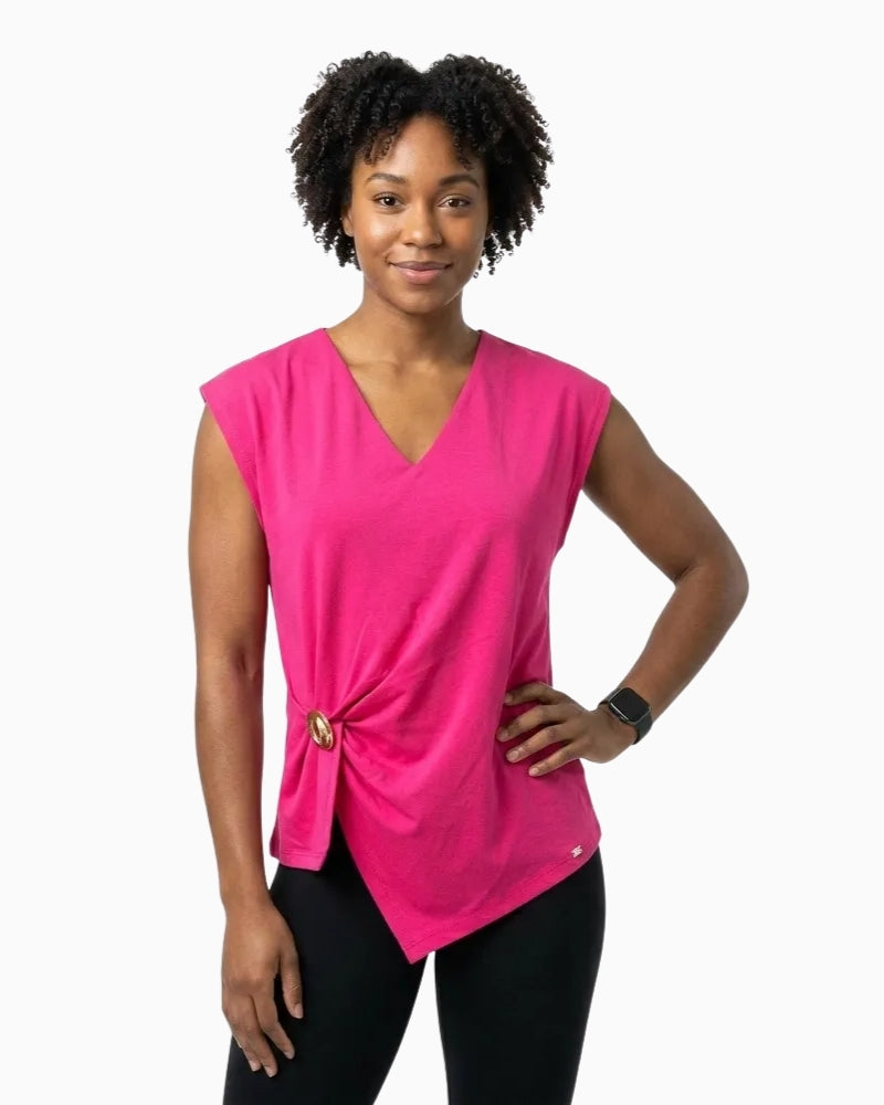Salsa Jeans pink ruched detail V-neck T-shirt front view with gold accent