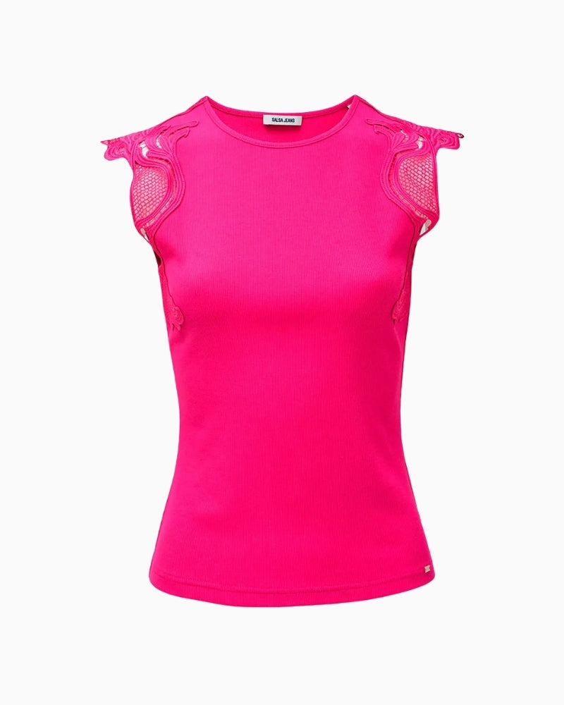 Salsa Jeans pink sleeveless T-shirt with lace shoulder detail front view