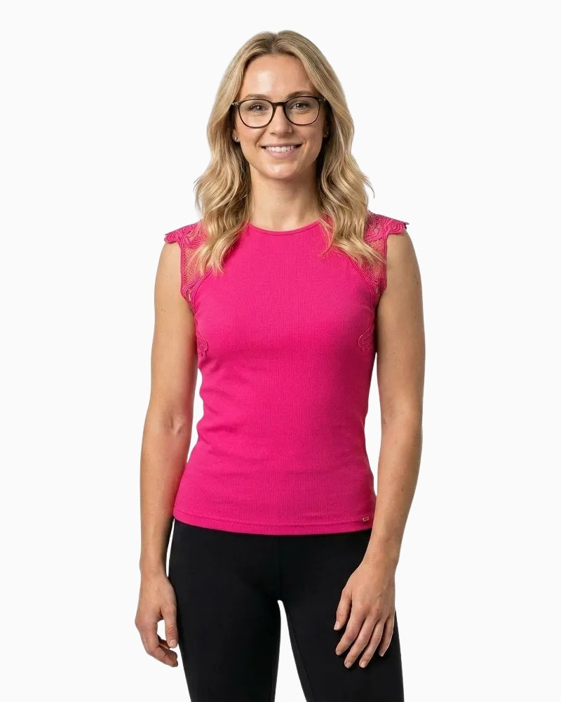 Salsa Jeans pink slim fit top with embroidered lace shoulders
