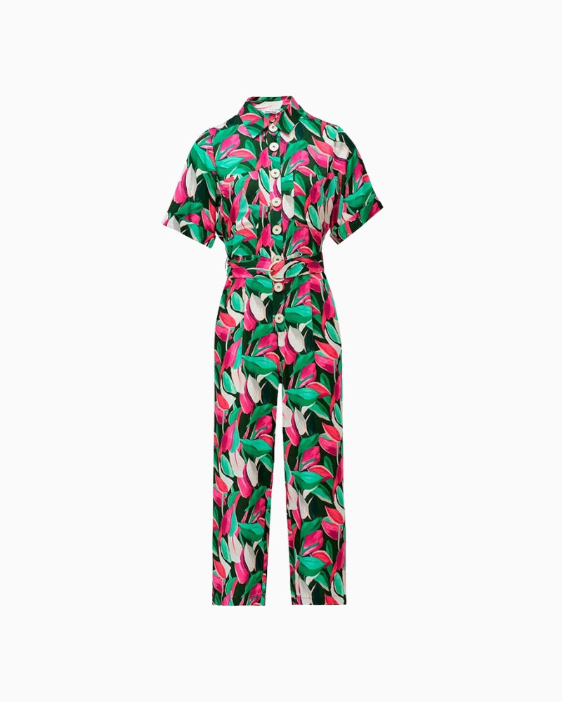 Salsa Jeans short sleeve jumpsuit in dark pink leaf print front view