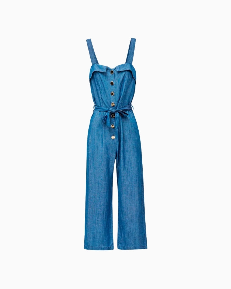Salsa Jeans sleeveless blue jumpsuit front view with button front and tie belt