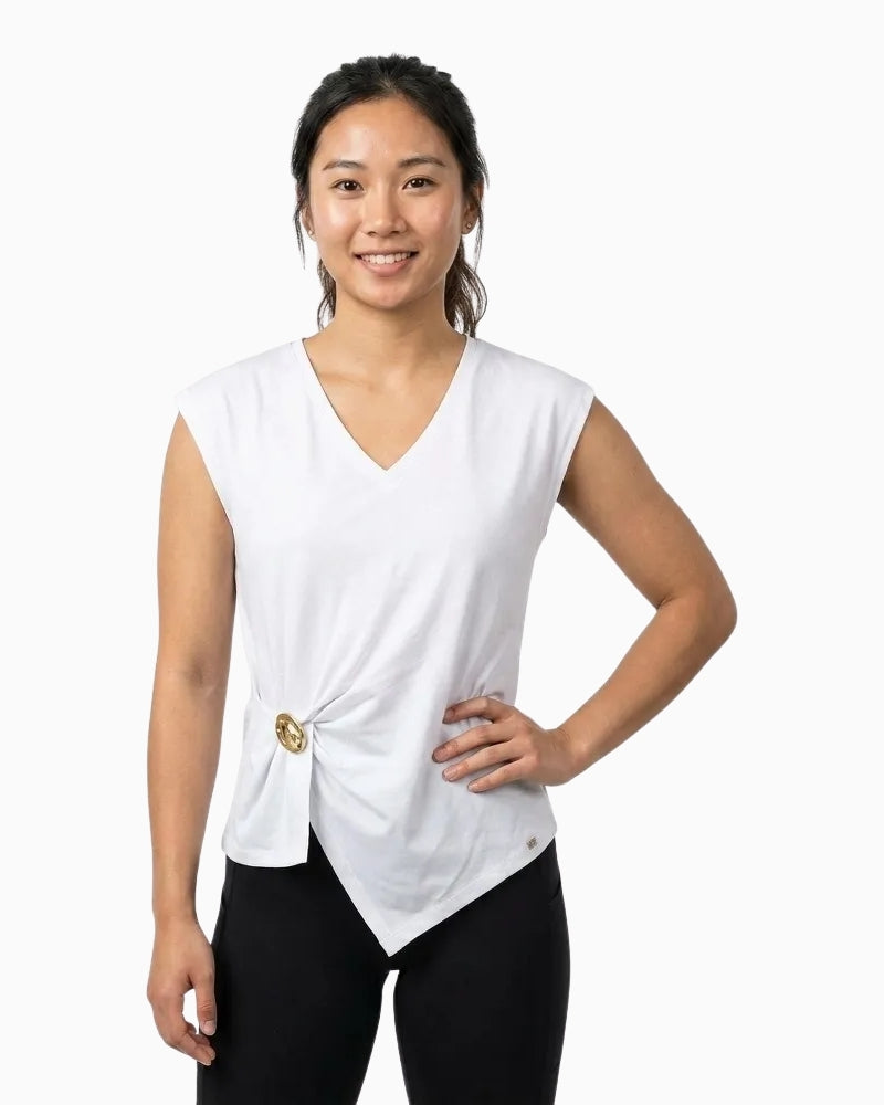 Salsa Jeans white ruched detail V-neck T-shirt front view with gold accent