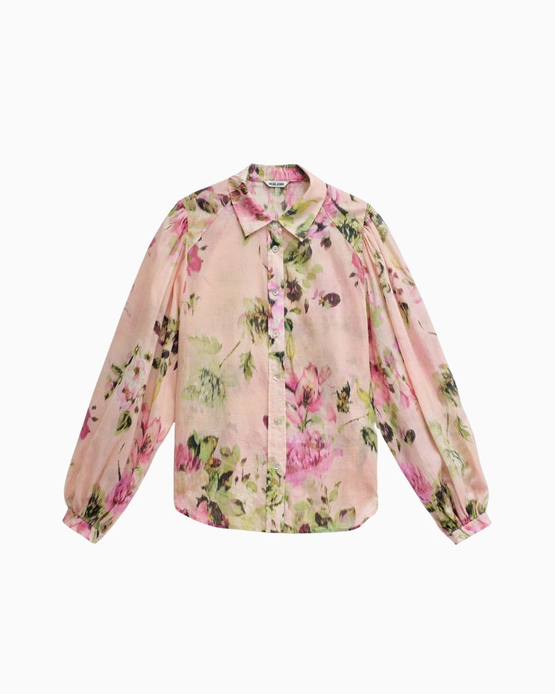 Salsa pink floral cotton shirt, flat lay front view – Áines Boutique