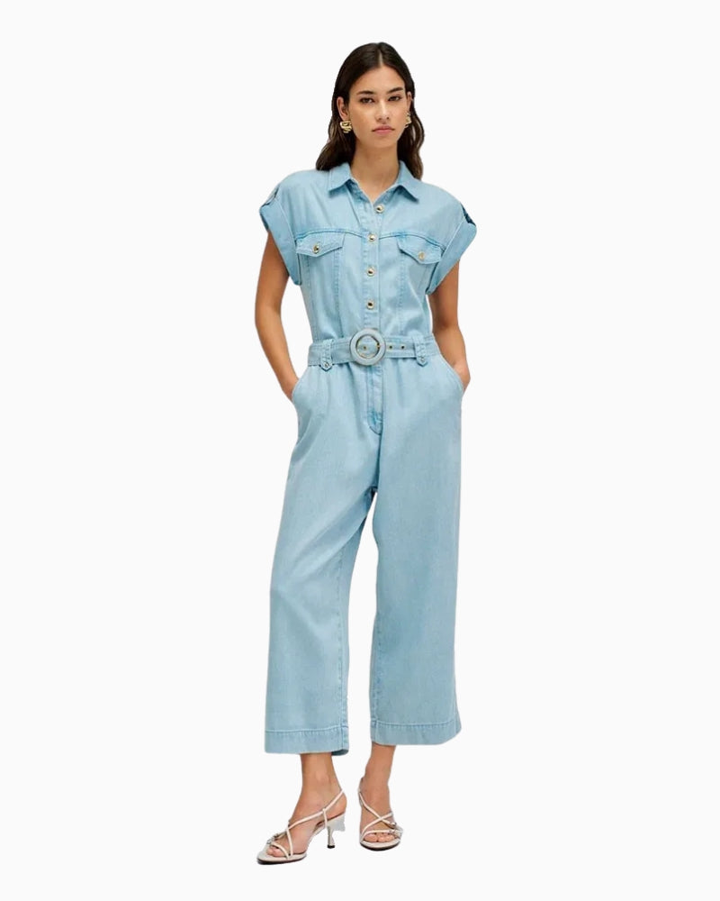 Salsa denim jumpsuit light blue front view with belt