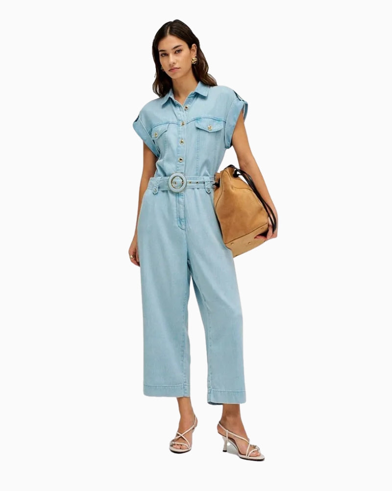 Salsa denim jumpsuit light blue front view with belt on model