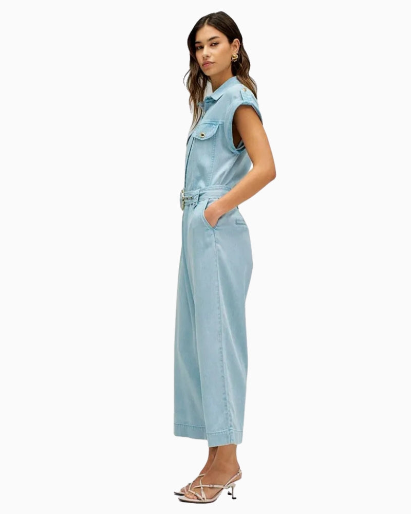 Salsa denim jumpsuit light blue side view cropped leg