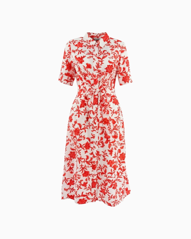 Salsa red floral belted shirt midi dress front view