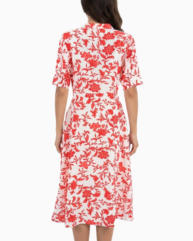 Salsa red floral dress back view showing structured fit and calf length