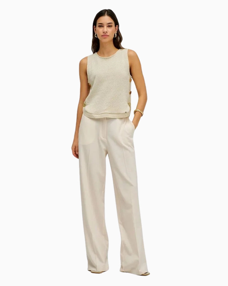 Salsa sleeveless lurex knit top cream front view on model