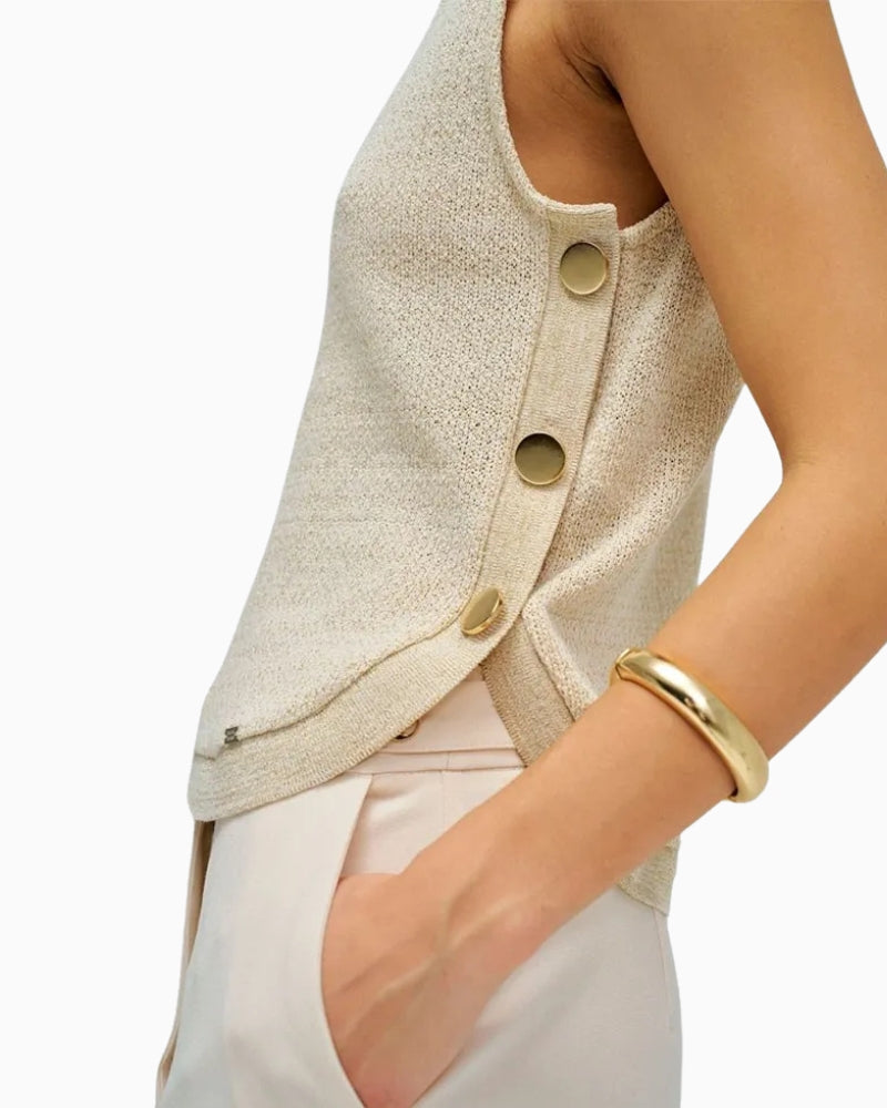 Salsa sleeveless lurex knit top cream side detail gold buttons