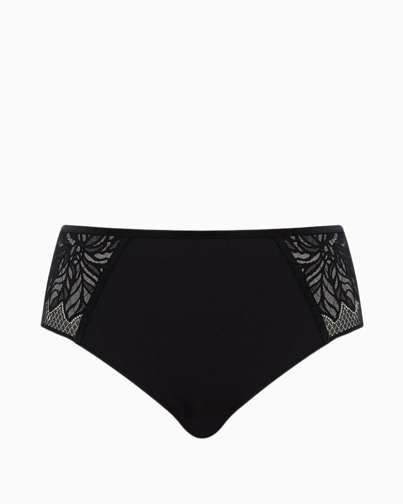 Front view of Sophia deep brief in black showing deeper rise fit