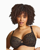 Close-up of lace cups and flexible underarm wire on Sophia bra