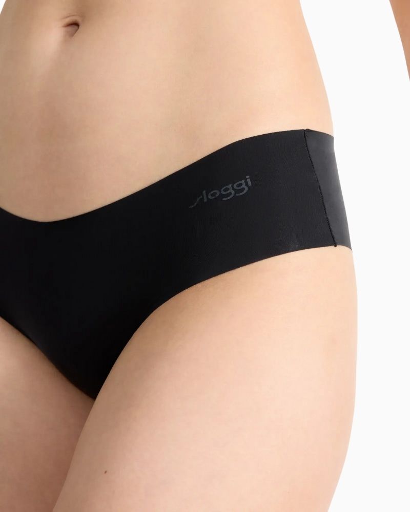 Side view of Sloggi black microfibre briefs showing deep sides and invisible fit