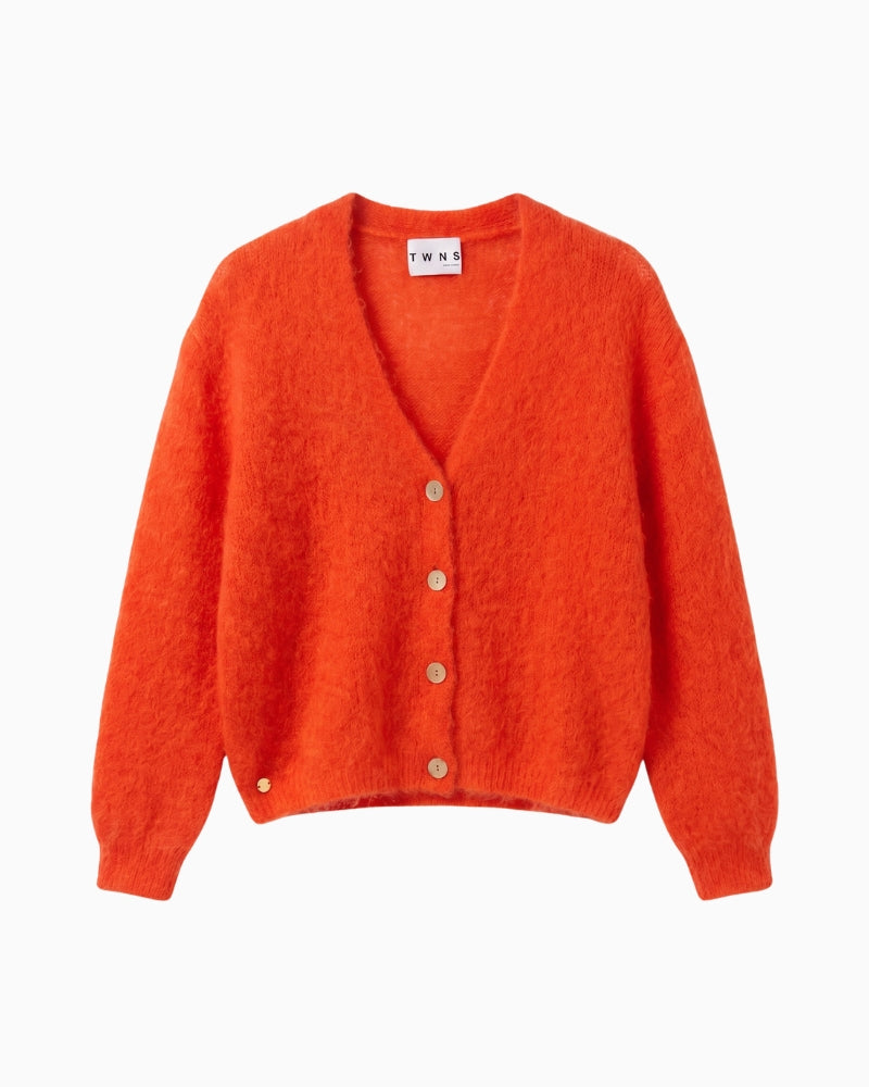 TWNS The Label Malia Cardigan in red ribbed cuff detail