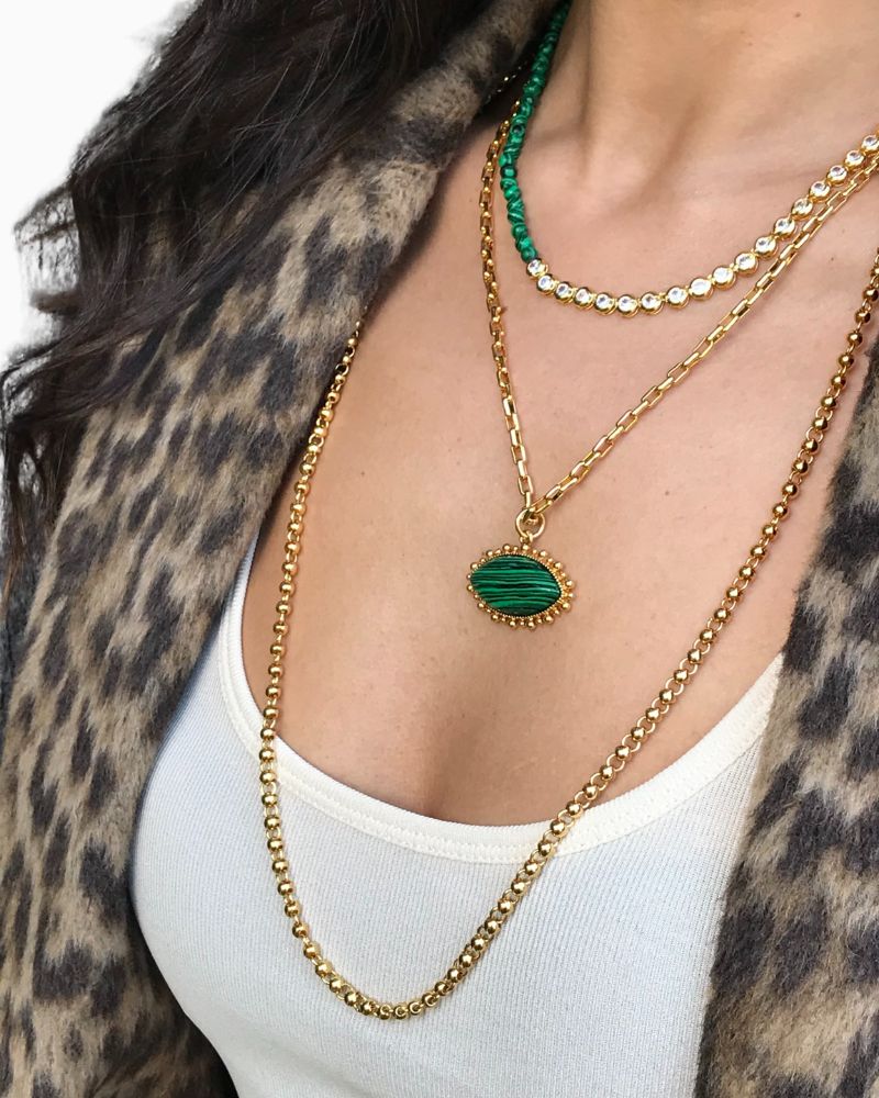 Long belcher chain necklace shown with linen drawstring pouch