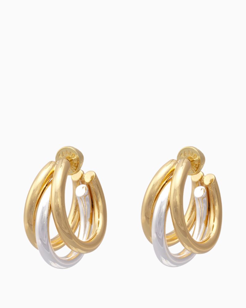 Close-up of chunky lightweight triple hoop earrings in mixed metal