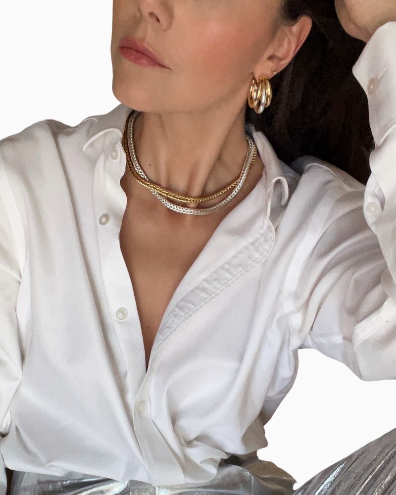 Talis Chains Claw Earrings Duo with mixed gold and silver triple hoop design