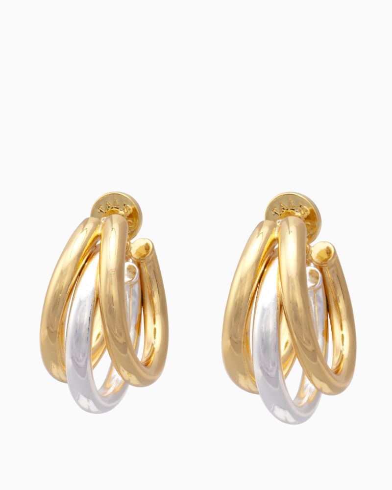 Mixed metal triple hoop earrings shown with linen drawstring pouch