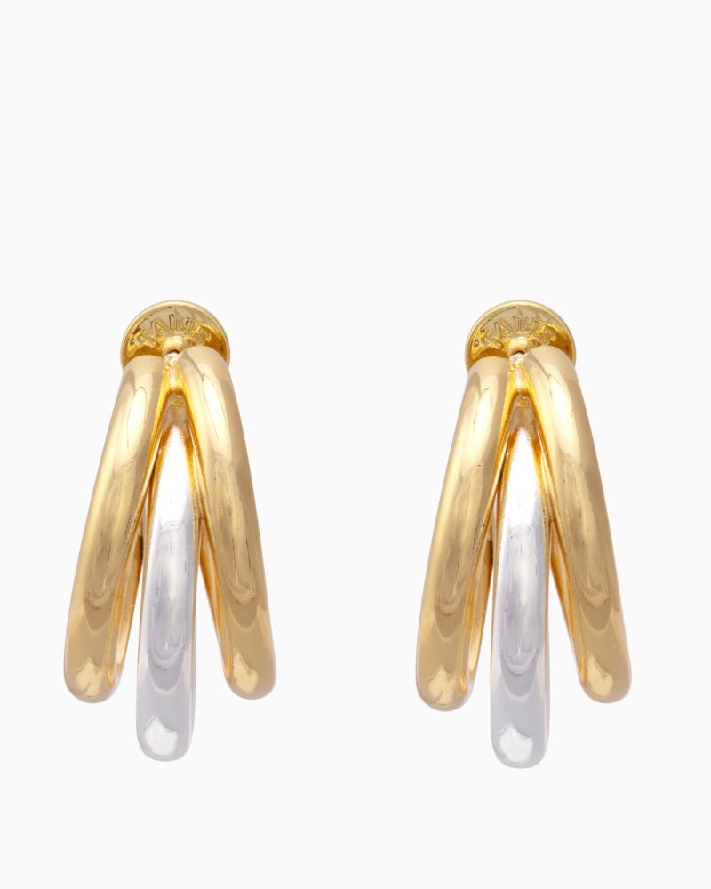 Mixed metal triple hoop earrings shown with linen drawstring pouch