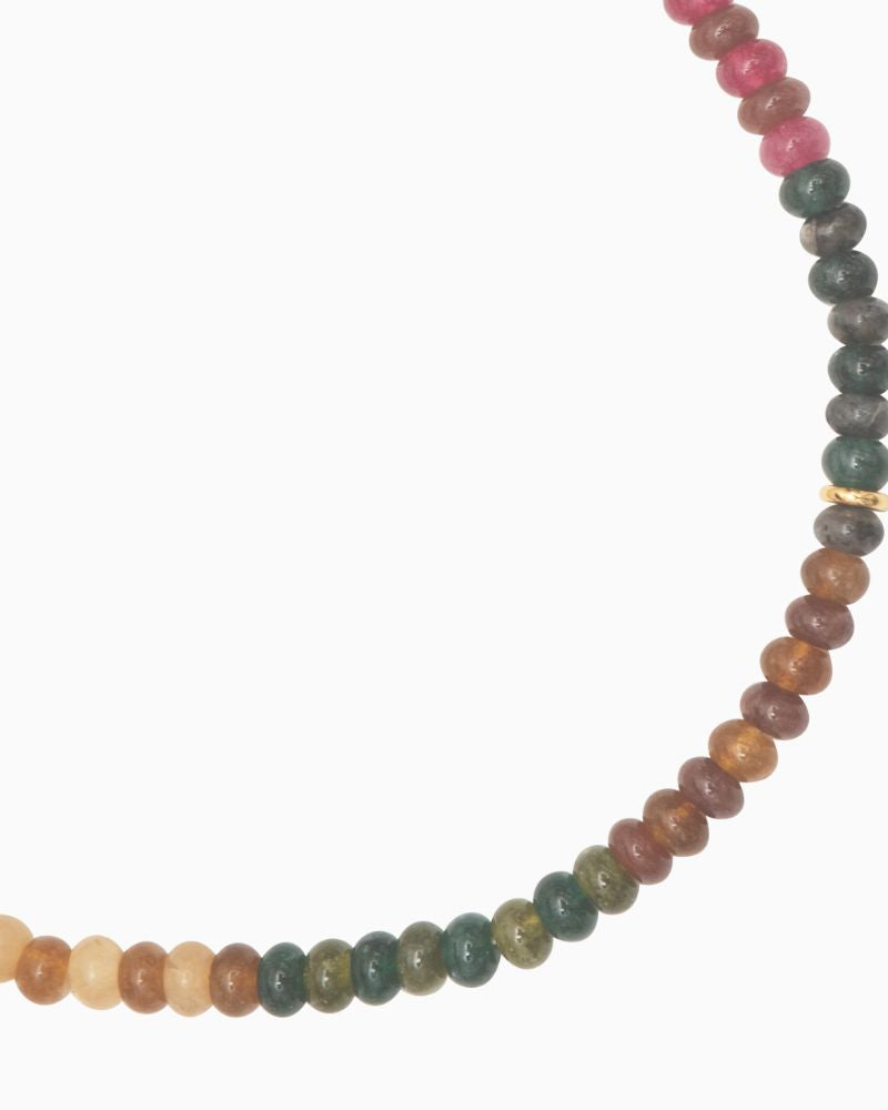 Close-up of colourful bead choker necklace with lobster clasp fastening