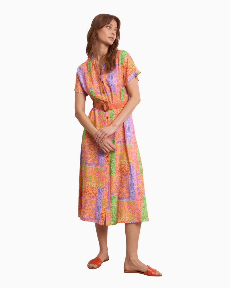 Woman wearing Tina Corfu shirt dress with belt in orange, front view – Áines Boutique