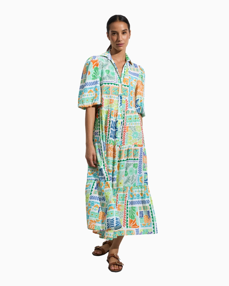 Woman wearing Tina Milta shirt dress in lime, front view – Áines Boutique