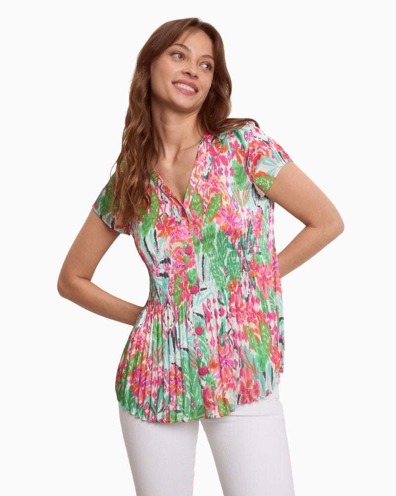Tinta Arta fuchsia V neck blouse, front view on model – Áines Boutique