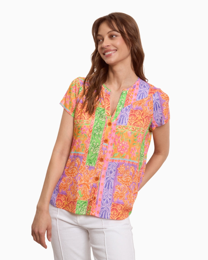 Tinta Evia orange short sleeve blouse, front view on model – Áines Boutique