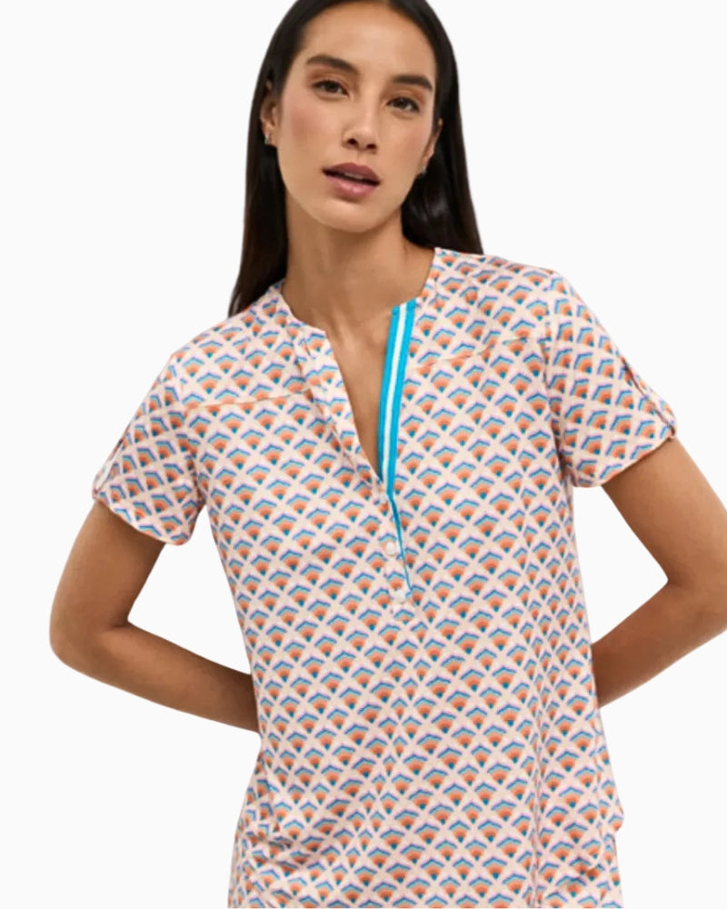 Tinta Ischia Blouse turquoise geometric print front view